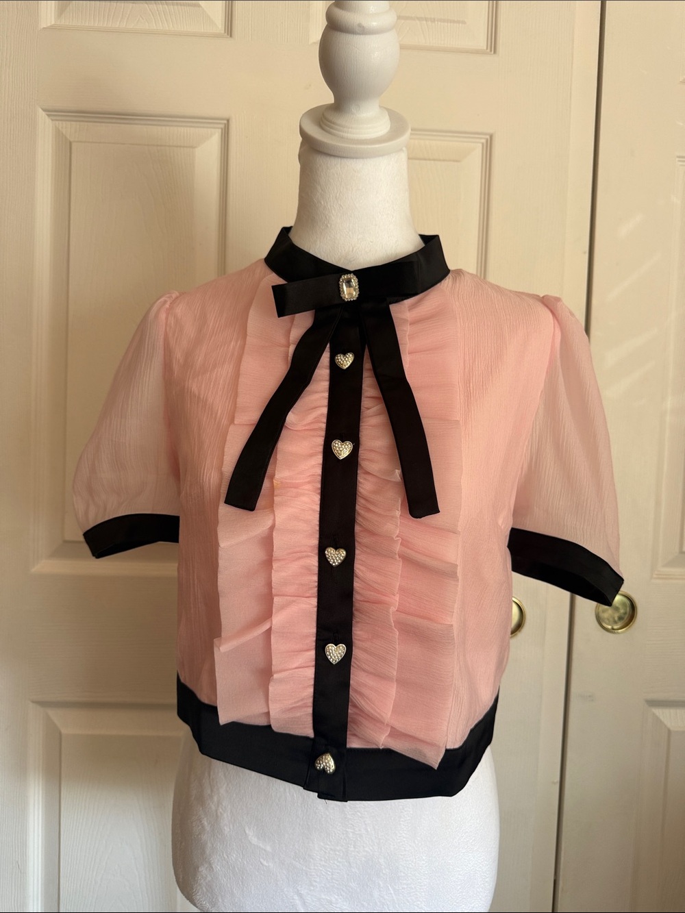 Pink Ruffled Bow Front Blouse with Black Trim
